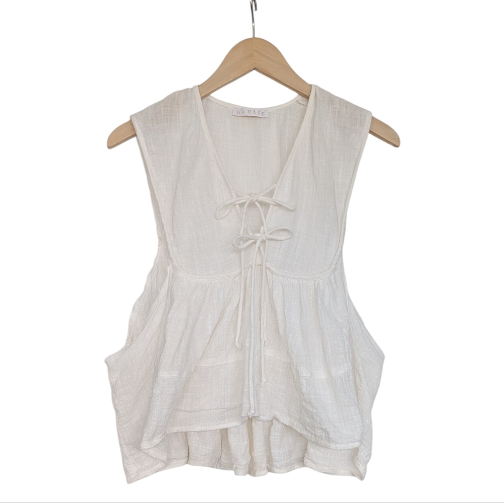 Karlie Cotton Tie Front Top Women's Size Large Off White V Neck Flowy Relaxed